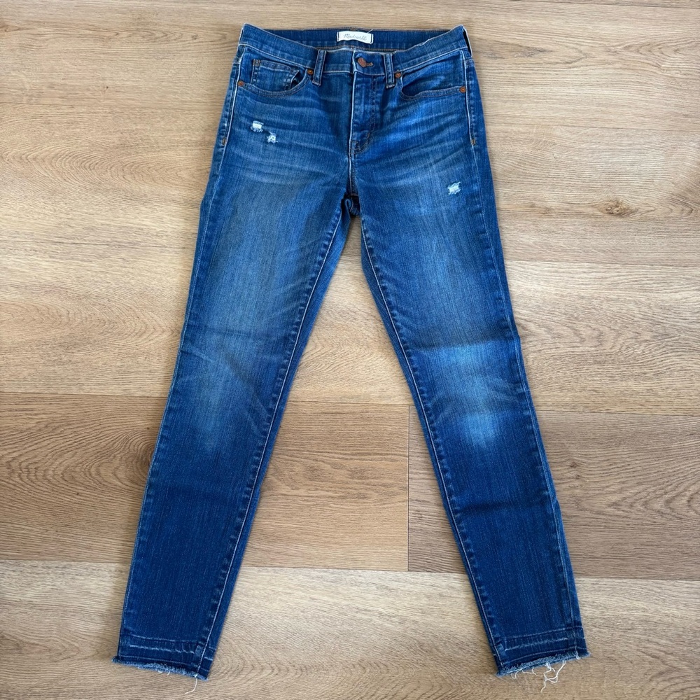 Madewell High Riser Skinny Skinny Jeans Raw Hem Distressed Blue 27